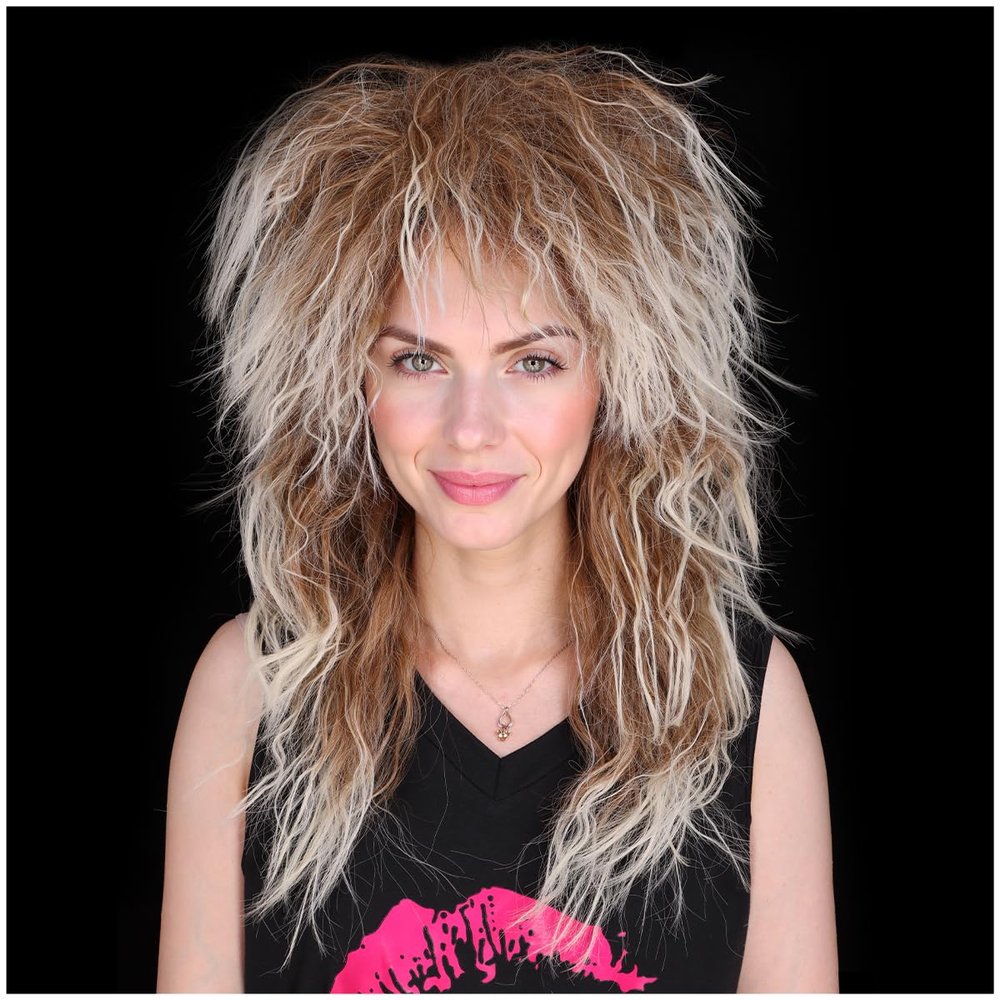 FantaLoonk Long Brown Gradient Blonde Wave 80s Wig 70s Halloween Mullet Cosplay Wig for Women