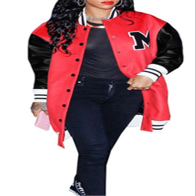 Qikaka Women's Long Sleeve Printed Paneled Button Bomber Baggy Baseball Jacket Coat Outerwear Red