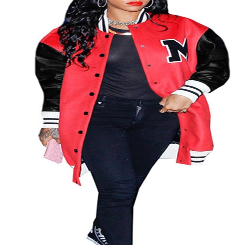Qikaka Women's Long Sleeve Printed Paneled Button Bomber Baggy Baseball Jacket Coat Outerwear Red