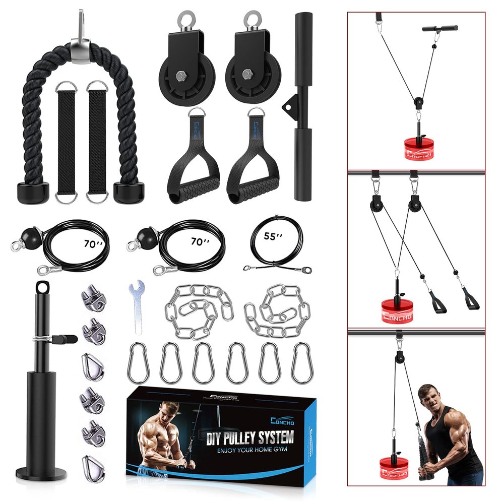 Concho Weight Pulley System, Upgraded Cable Pulley System Gym with Adjustable Weight Cable&Detachable Handles, Workout Pulley System for LAT Pulldown Triceps Biceps Curl Chest Home Gym Attachments