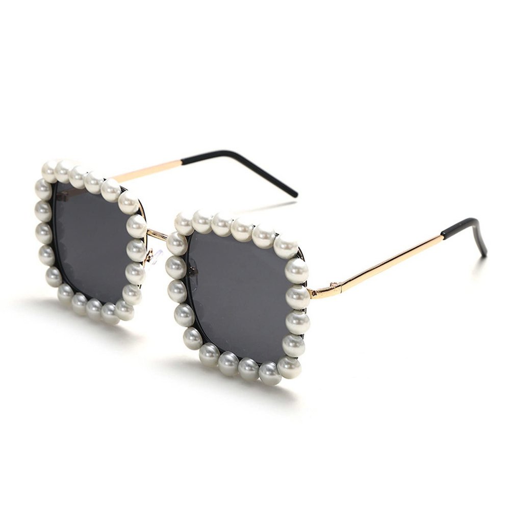 COTIA/Women's Square Crystal Pearl Sunglasses Shine Style Diamond UV400 Protection Sun Glasses (gray)