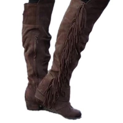 Bcshiye Women's Knee High Boots Casual Over The Knee Retro Tassel Moccasin Square Low Heel Zipper Western Long Booties