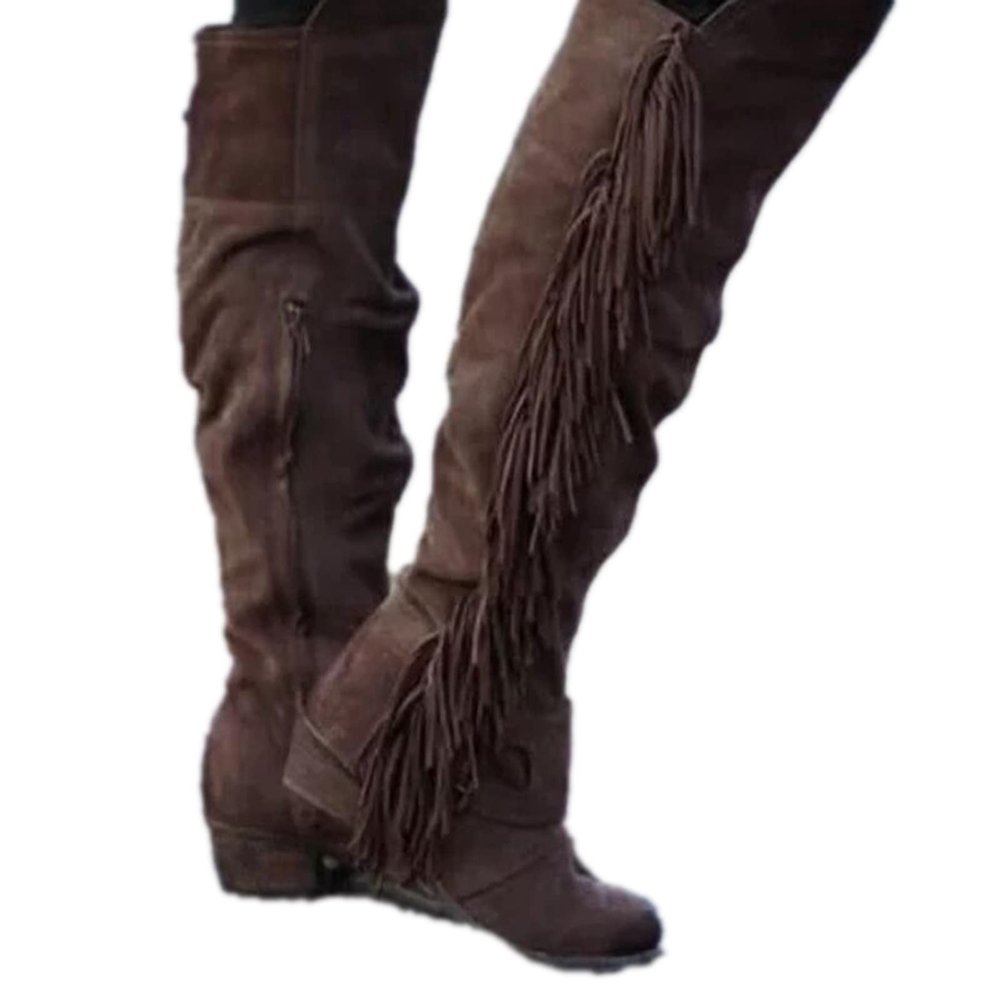 Bcshiye Women's Knee High Boots Casual Over The Knee Retro Tassel Moccasin Square Low Heel Zipper Western Long Booties
