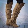 Bcshiye Women's Knee High Boots Casual Over The Knee Retro Tassel Moccasin Square Low Heel Zipper Western Long Booties view 4