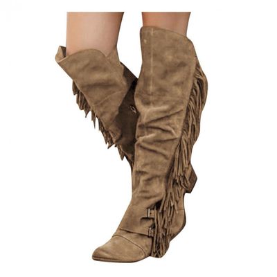 Bcshiye Women's Knee High Boots Casual Over The Knee Retro Tassel Moccasin Square Low Heel Zipper Western Long Booties