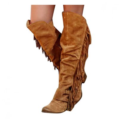 Bcshiye Women's Knee High Boots Casual Over The Knee Retro Tassel Moccasin Square Low Heel Zipper Western Long Booties
