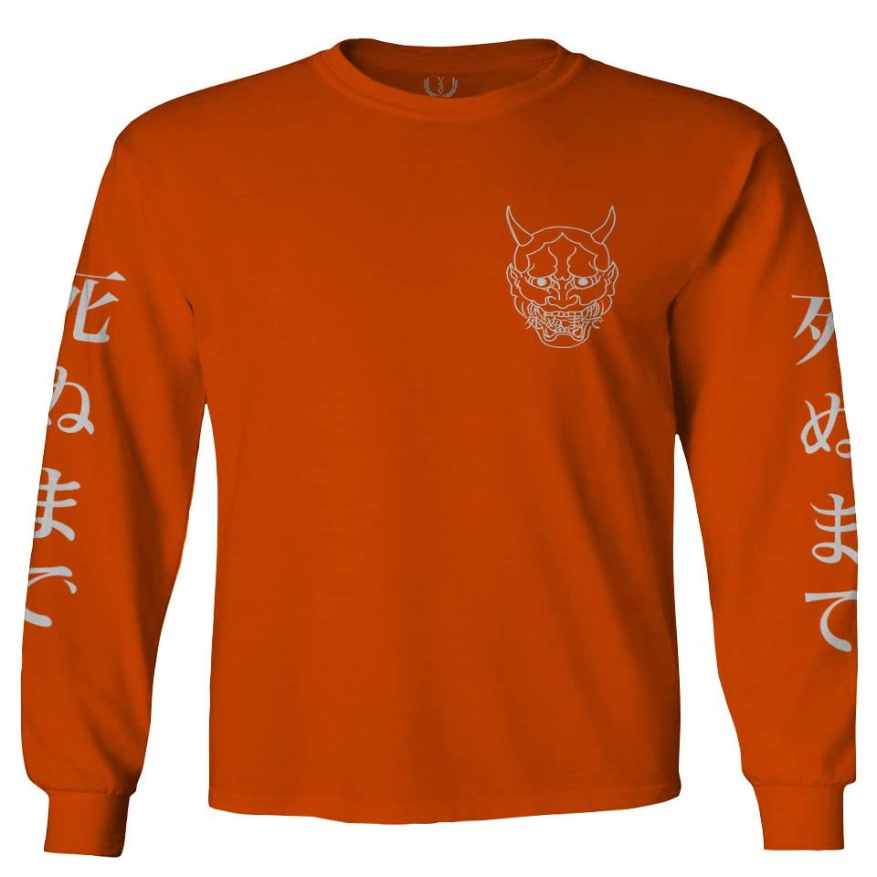 0433. White Demon Hannya Graphic Traditional Japanese Till Death Society Anime Men's Long Sleeve t Shirt (Orange X-Large)