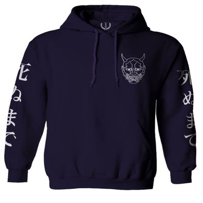 0433. White Demon Hannya Graphic Traditional Japanese Till Death Society Anime Sweatshirt Pullover Hoodie (Navy, Small)