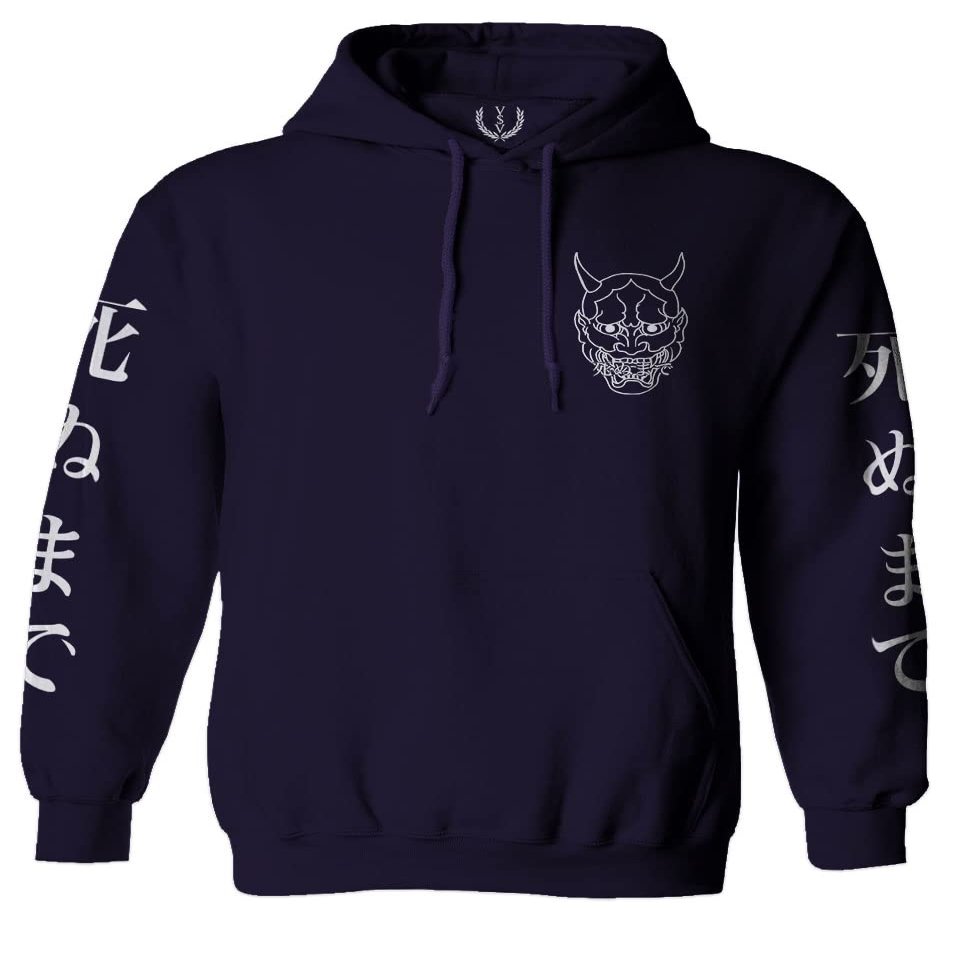 0433. White Demon Hannya Graphic Traditional Japanese Till Death Society Anime Sweatshirt Pullover Hoodie (Navy, Small)
