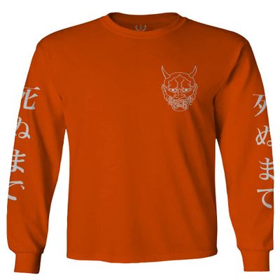 0433. White Demon Hannya Graphic Traditional Japanese Till Death Society Anime Men's Long Sleeve t Shirt (Orange Medium)