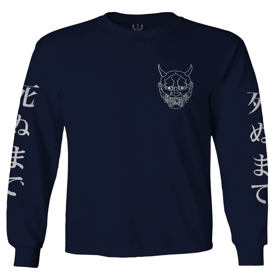 0433. White Demon Hannya Graphic Traditional Japanese Till Death Society Anime Men's Long Sleeve t Shirt (Navy Blue, Small)