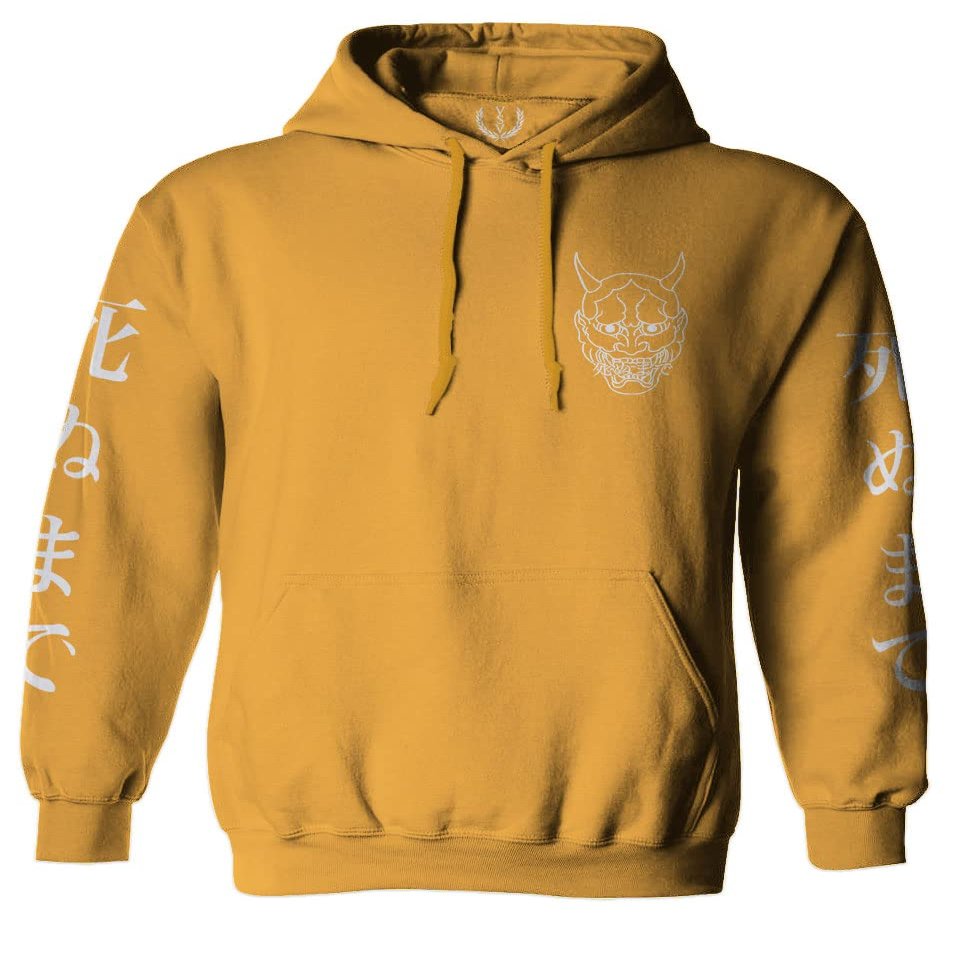 0433. White Demon Hannya Graphic Traditional Japanese Till Death Society Anime Sweatshirt Pullover Hoodie (Gold X-Large)