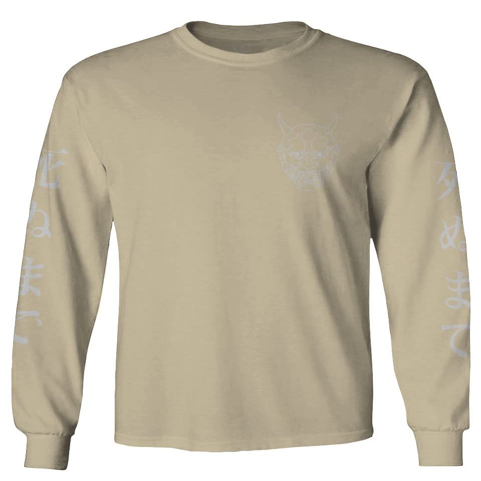 0433. White Demon Hannya Graphic Traditional Japanese Till Death Society Anime Men's Long Sleeve t Shirt (Beige Small)
