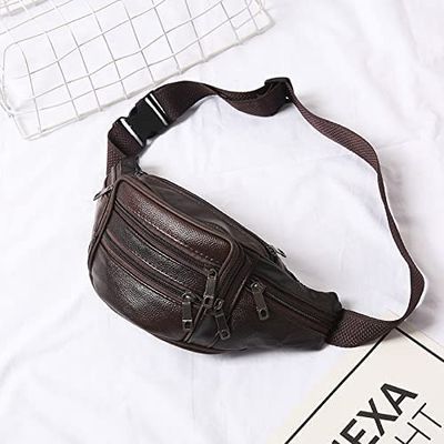Dongng Leather Fanny Pack Mens Genuine Leather Waist Bag Sport Travel Hiking Multifunctional Pocket