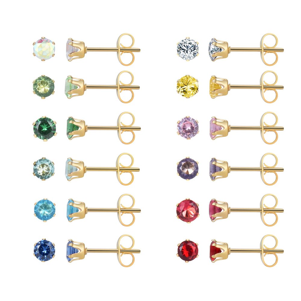 12 Pairs 18K Gold Plated Surgical Stainless Steel Stud Earring, Cubic Zirconia CZ Stud Earrings for Women, Multicolor Birthstone Stud Earrings Set 5mm (Prong 5mm)