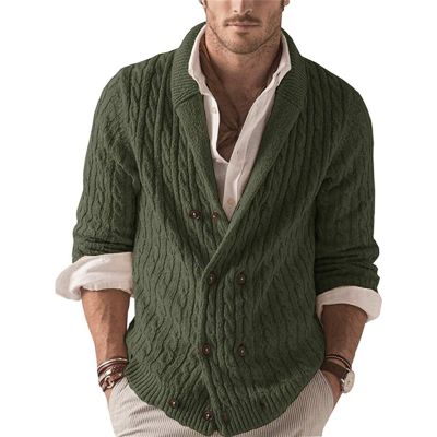 Men's Lapel Solid Color Cardigan Sweater Handsome Old Street Long-Sleeved Ribbed Knit Top Casual Double-Breasted Top (Army Green,Medium)