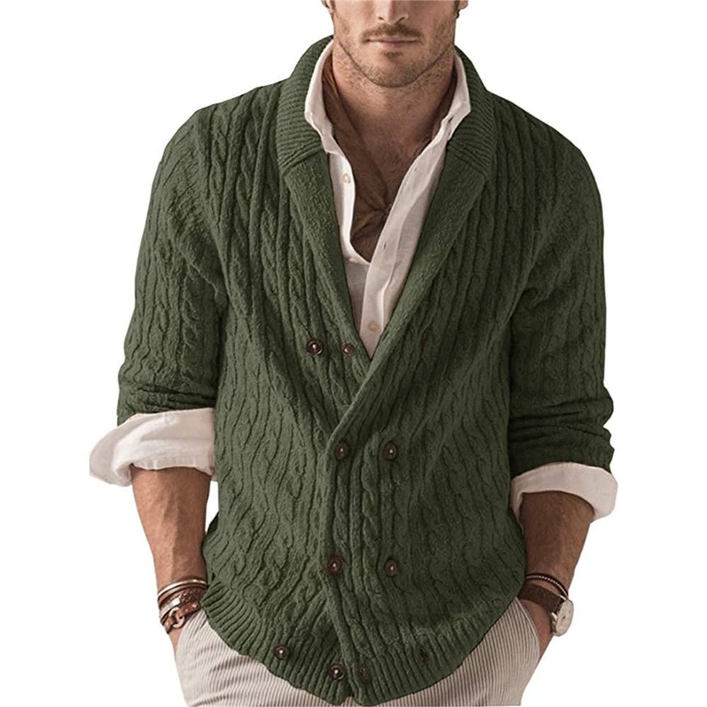Men's Lapel Solid Color Cardigan Sweater Handsome Old Street Long-Sleeved Ribbed Knit Top Casual Double-Breasted Top (Army Green,Medium)