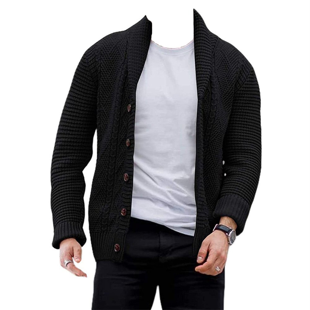 Kaxiya2021 Men's Lapel Cardigan Sweater Handsome Long-Sleeved Solid Color Knit Sweater Ribbed Jacquard Single-Breasted Top (Black,Medium)