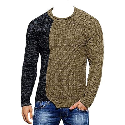 Kaxiya2021 Men's Round Neck Color-Blocking Sweater Casual Temperament Long-Sleeved Rib Knit Sweater Autumn and Winter Warm Pullover (Khaki,Small)