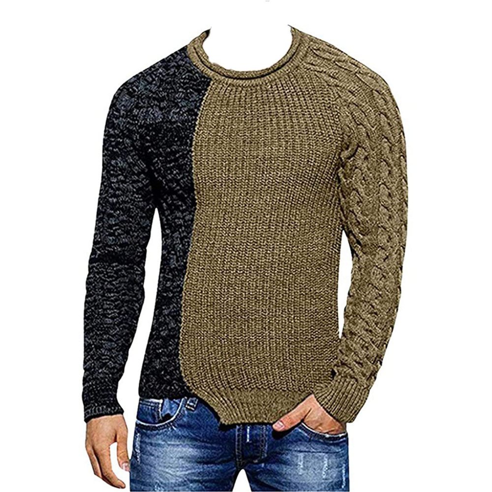 Kaxiya2021 Men's Round Neck Color-Blocking Sweater Casual Temperament Long-Sleeved Rib Knit Sweater Autumn and Winter Warm Pullover (Khaki,Small)