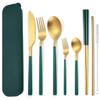 AARAINBOW 6 Pieces Stainless Steel Flatware Set Portable Reusable Cutlery Set Travel Utensils Set Including Chopsticks Knife Fork Spoon Straws Cleaning Brush Dishwasher Safe (B-Green golden) view 1
