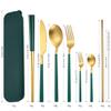 AARAINBOW 6 Pieces Stainless Steel Flatware Set Portable Reusable Cutlery Set Travel Utensils Set Including Chopsticks Knife Fork Spoon Straws Cleaning Brush Dishwasher Safe (B-Green golden) view 2
