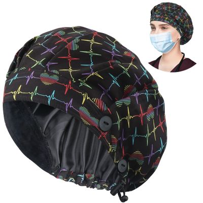 ABAMERICA Bouffant Caps with Button and Sweatband, Adjustable Scrub Caps for Women Men, Satin Layer