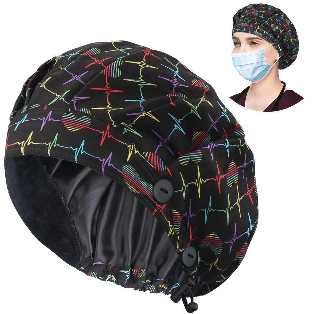 ABAMERICA Bouffant Caps with Button and Sweatband, Adjustable Scrub Caps for Women Men, Satin Layer