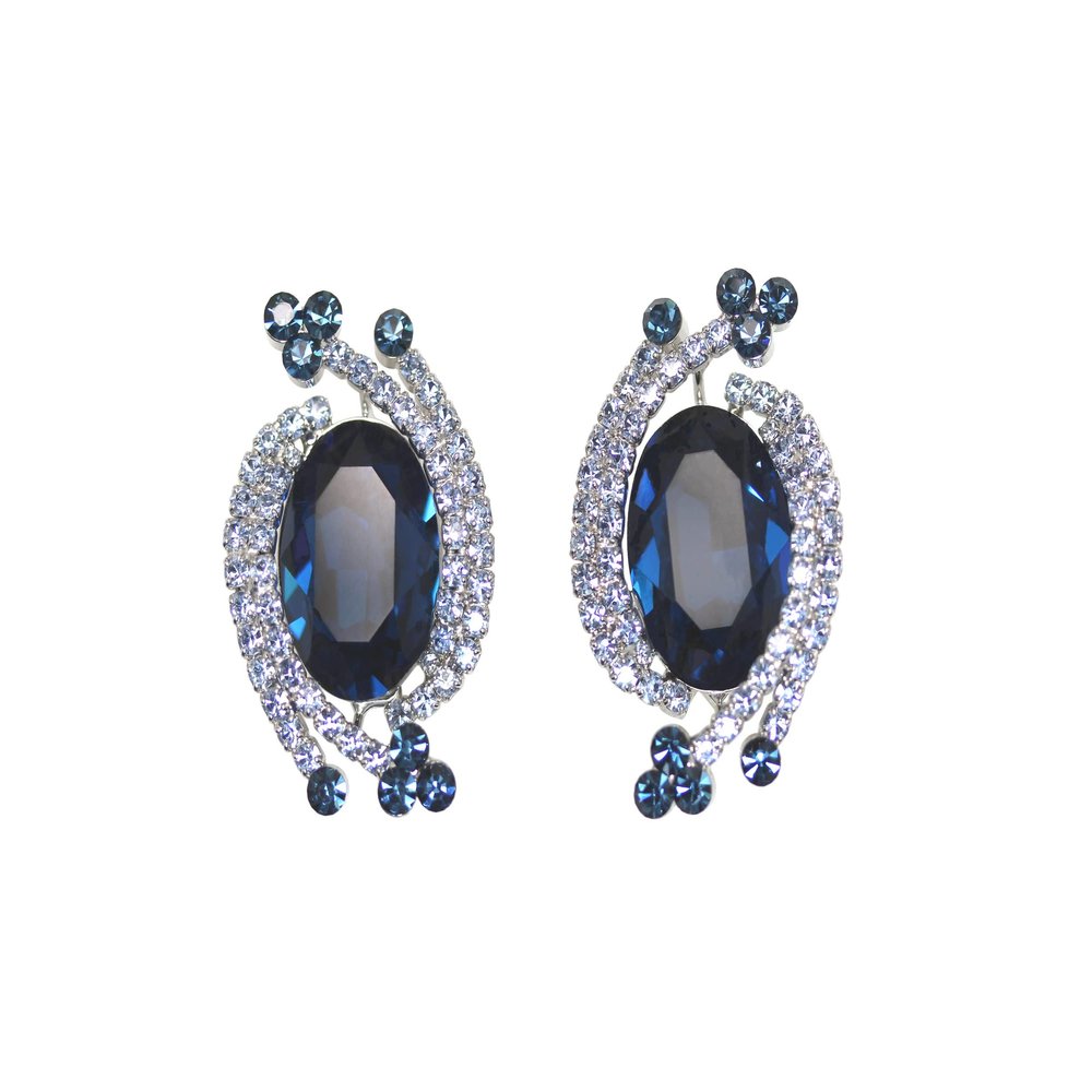 Faship Statement Navy Blue Crystal Floral Clip On Earrings - Navy Blue