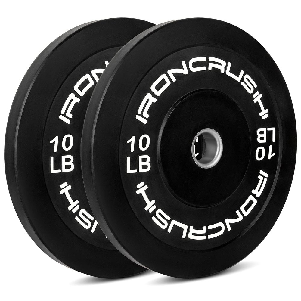 Iron Crush Olympic Bumper Plates Set - Virgin Rubber Weights for Strength Training - Stainless Steel Inserts, Fits 2" Barbells - Low, Dead Bounce for Safety - 10lb to 45lb - Sold in Pairs