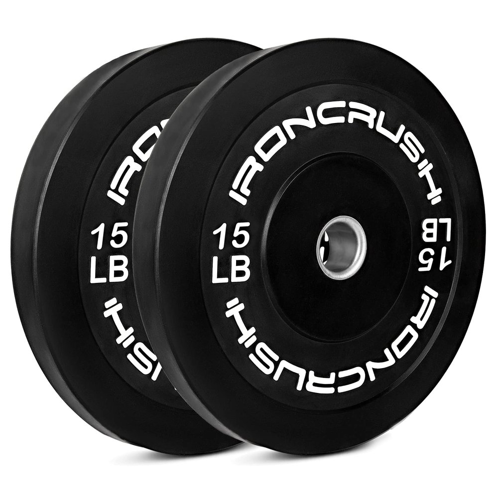 Iron Crush Olympic Bumper Plates Set - Virgin Rubber Weights for Strength Training - Stainless Steel Inserts, Fits 2" Barbells - Low, Dead Bounce for Safety - 10lb to 45lb - Sold in Pairs