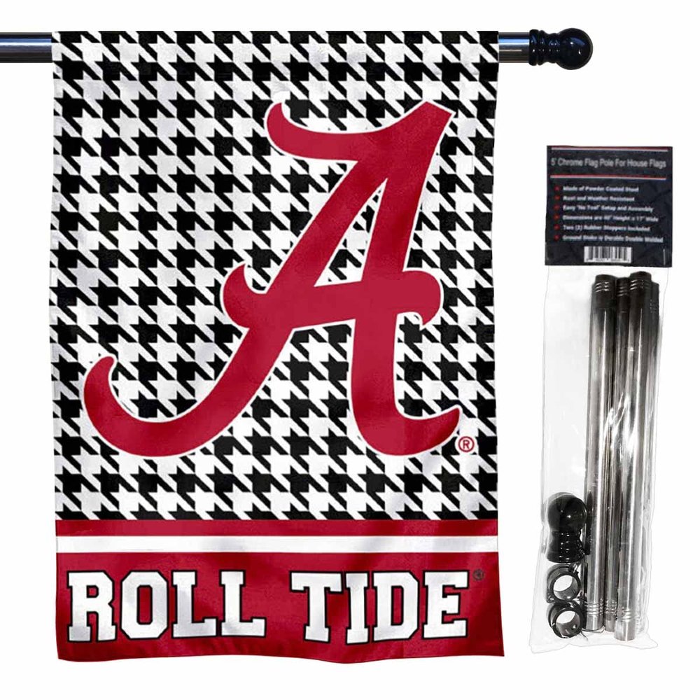 Crimson Tide Houndstooth Banner House Flag and 5 Foot Flagpole Set