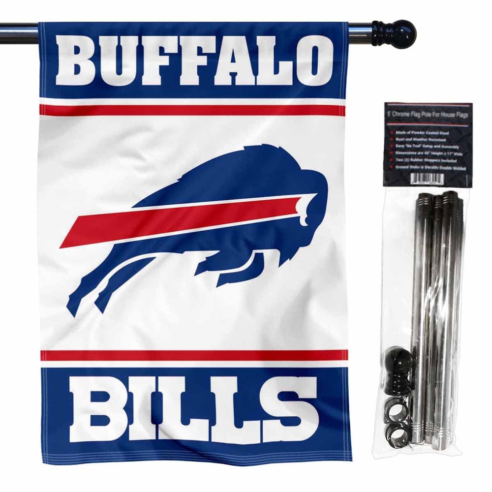Bills White Banner House Flag and 5 Foot Flagpole Set