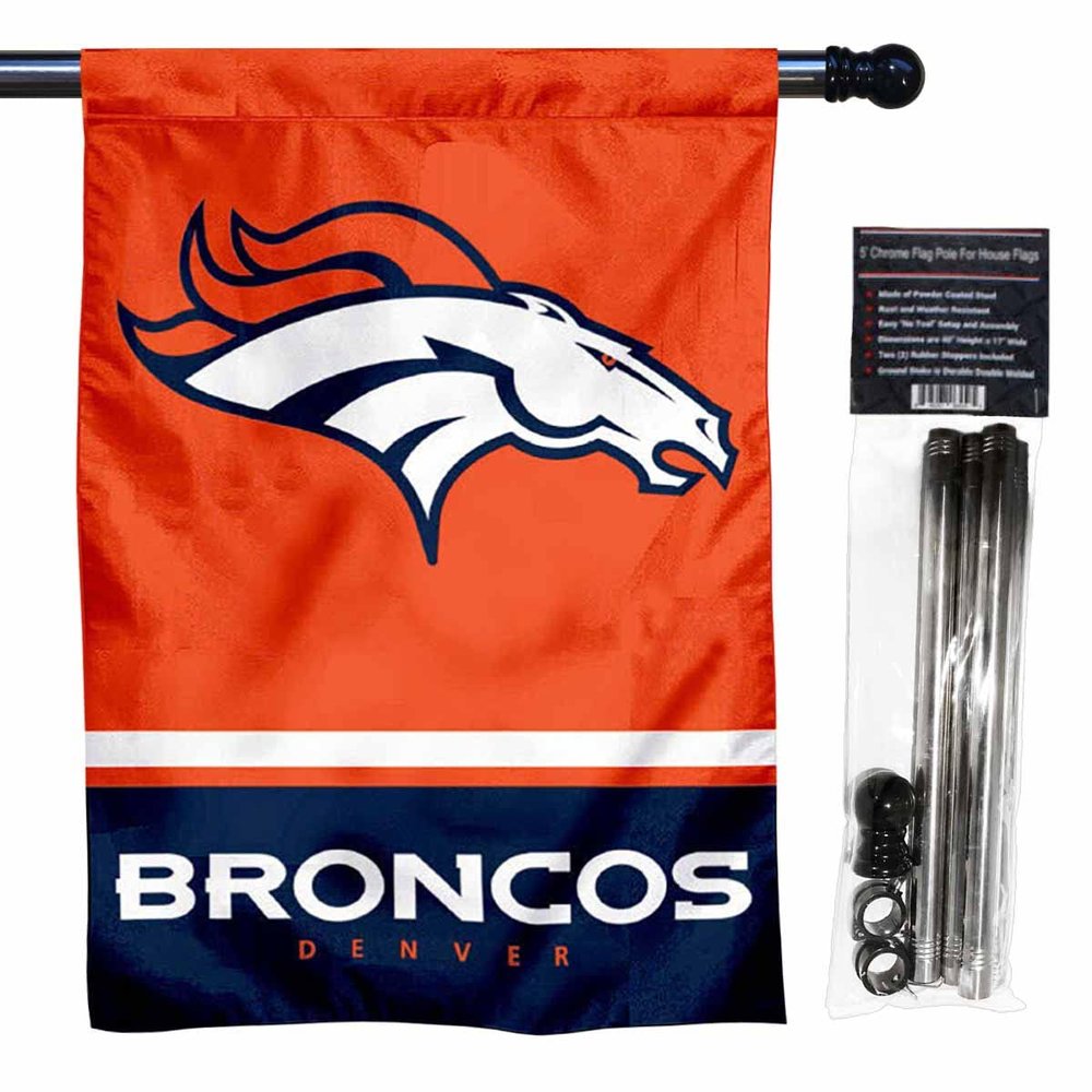 Broncos Banner House Flag and 5 Foot Flagpole Set