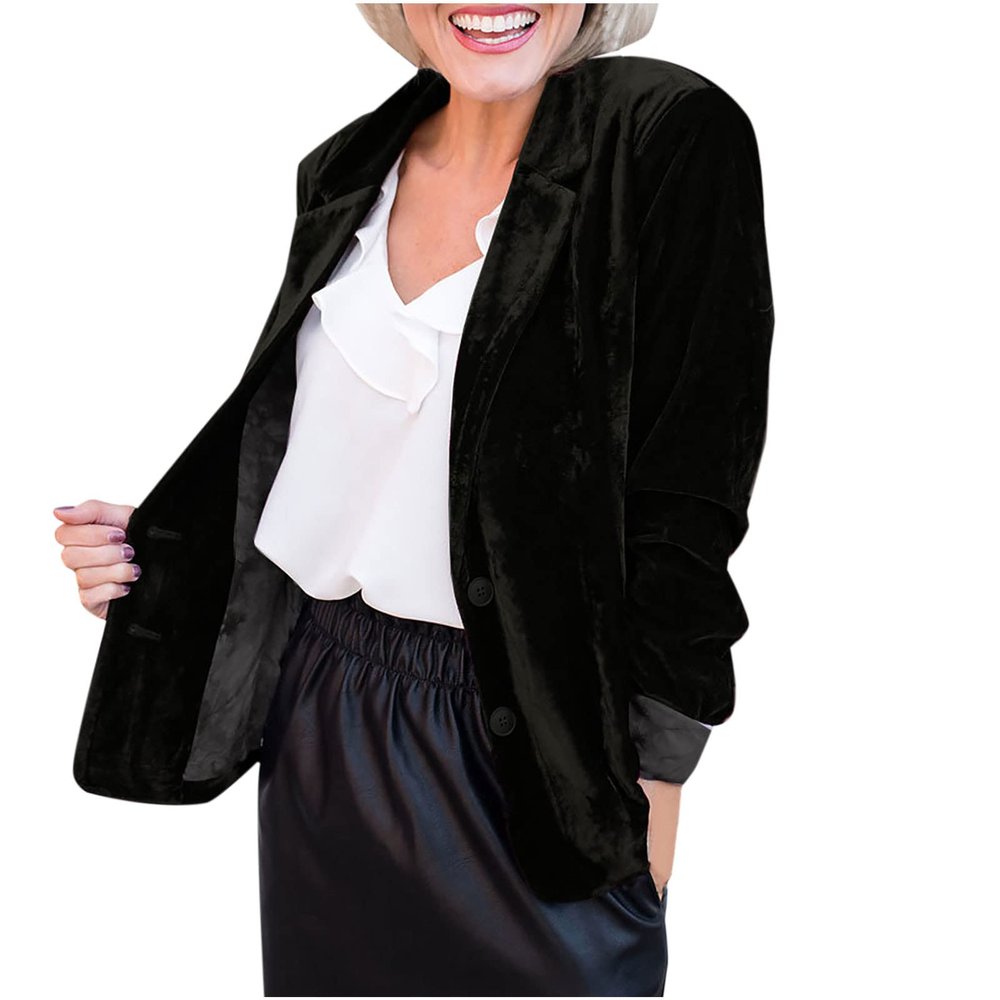 5665 Women's Long Sleeve Velvet Jacket Vintage Blazer Suit Open Front Cardigan Trench Coat with Pockets Outerwear