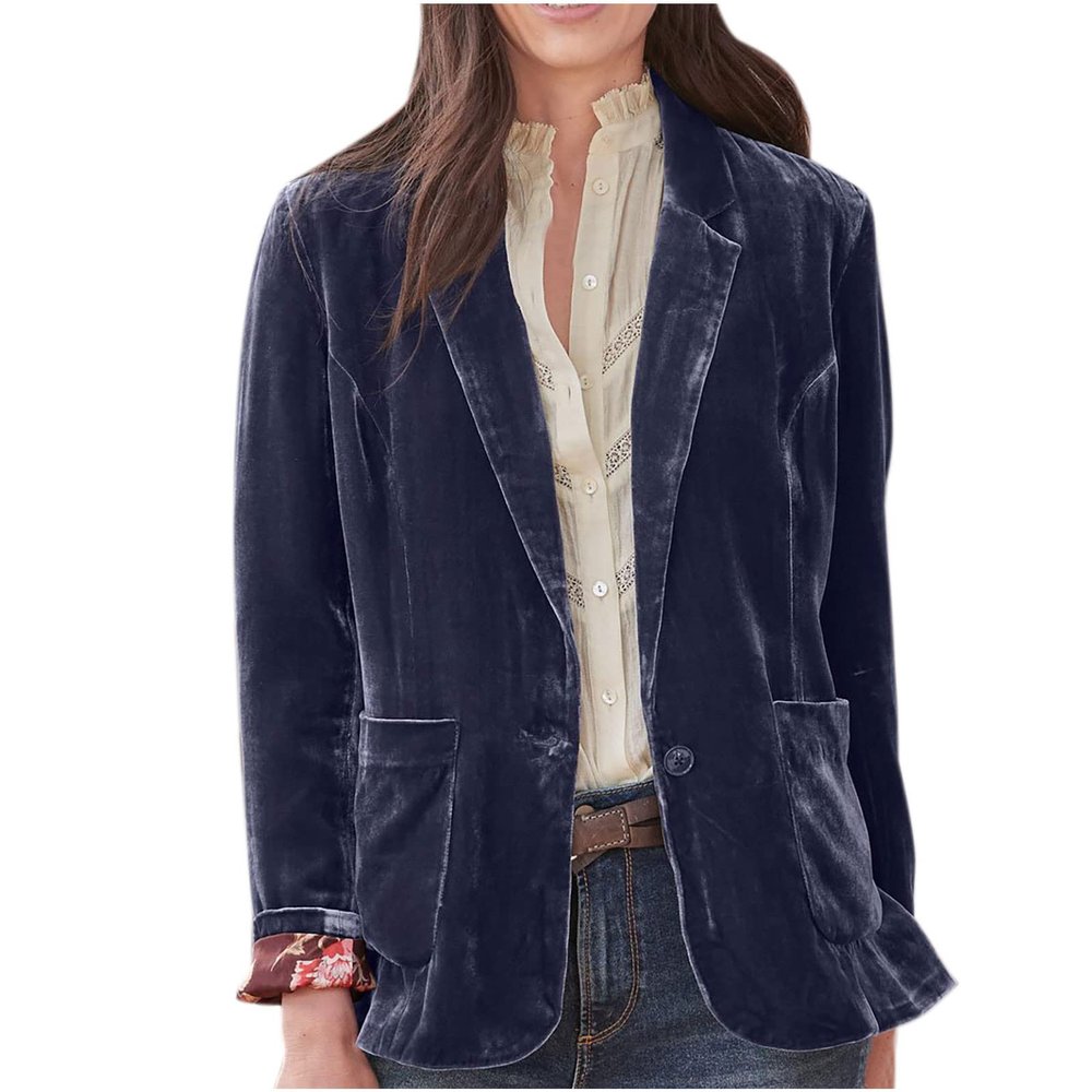 5665 Women's Long Sleeve Velvet Vintage Shirt Blazer Jacket Suit Button Down Trench Coat with Pockets Outerwear,
