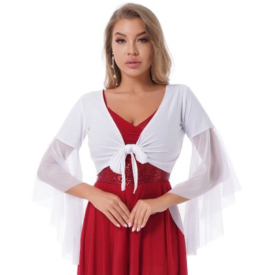 JEATHA Womens Belly Dance Long Sleeved Wrap Top Belly Dancewear Crop Top Cover Up Wrap Shawl Fancy Dress White One Size