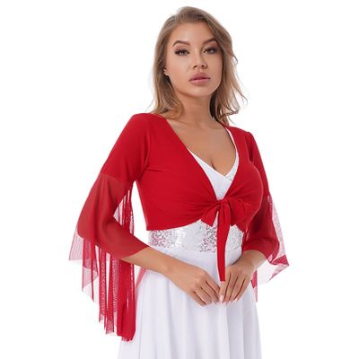 JEATHA Womens Belly Dance Long Sleeved Wrap Top Belly Dancewear Crop Top Cover Up Wrap Shawl Fancy Dress Red One Size