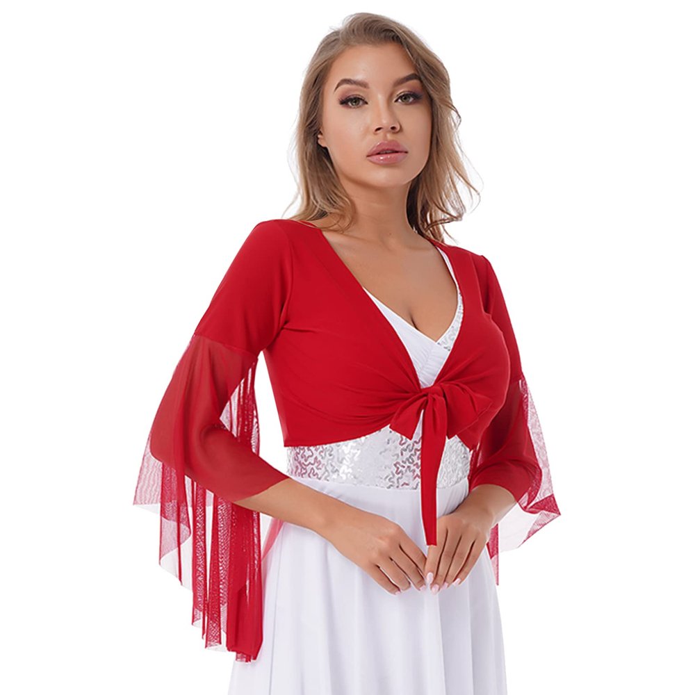 JEATHA Womens Belly Dance Long Sleeved Wrap Top Belly Dancewear Crop Top Cover Up Wrap Shawl Fancy Dress Red One Size