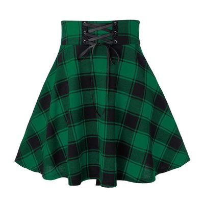 Plaid Pleated Skirt for Girls Women's Sexy High Waisted A-line Mini Skirts Tartan Skater Frenulum Short Skirt Dress Green
