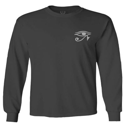 0436. White Graphic Printed Egyptian Egypt Ancient Anubis Horus Eye god King Men's Long Sleeve t Shirt (Characol, 2X Large)