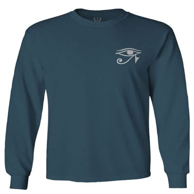 0436. White Graphic Printed Egyptian Egypt Ancient Anubis Horus Eye god King Men's Long Sleeve t Shirt (Indigo Blue X-Large)