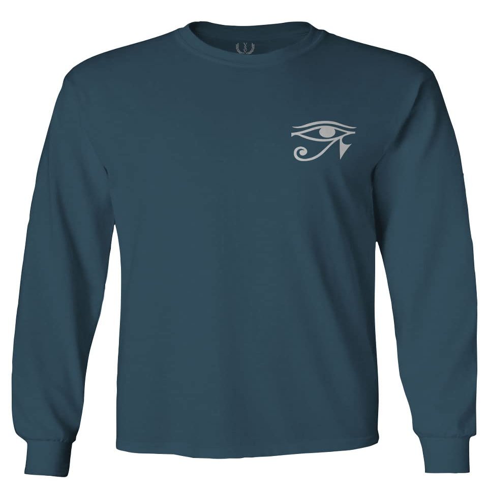 0436. White Graphic Printed Egyptian Egypt Ancient Anubis Horus Eye god King Men's Long Sleeve t Shirt (Indigo Blue X-Large)