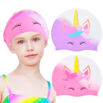 2 pcs Kids Swim Cap Silicone Swimming Cap for Boys Girls (Age 3-12) Cover Ears Waterproof Bathing Cap Keep Hair Dry Swimming Hat for Hair