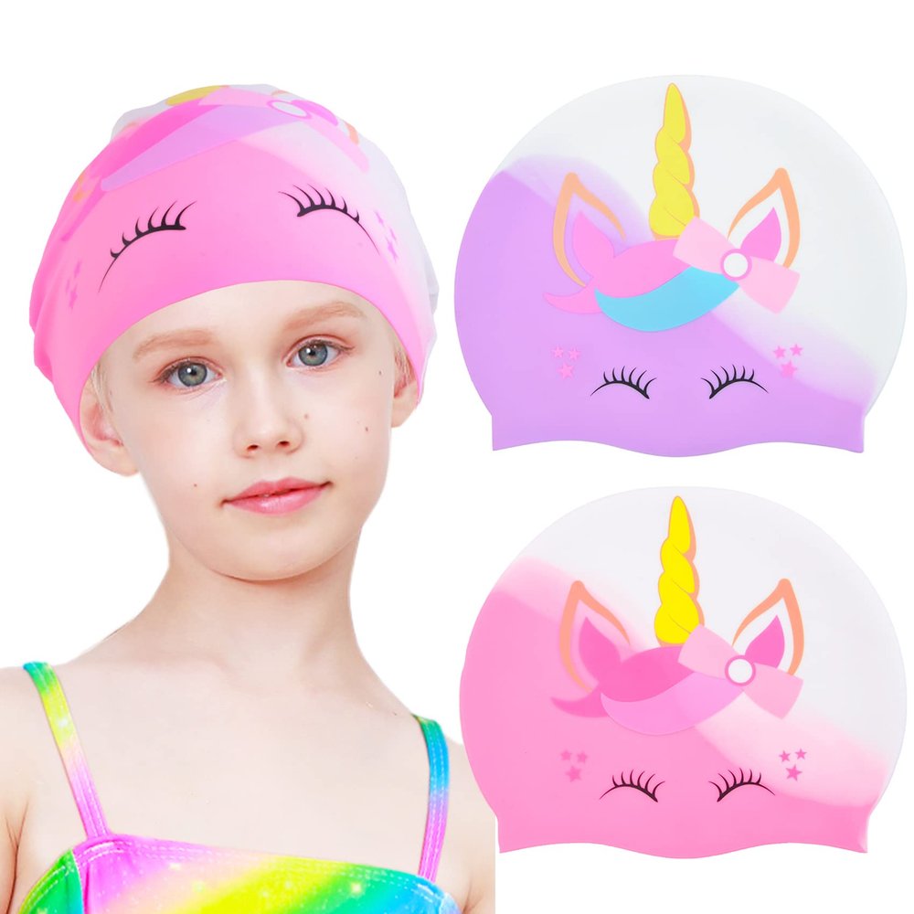 2 pcs Kids Swim Cap Silicone Swimming Cap for Boys Girls (Age 3-12) Cover Ears Waterproof Bathing Cap Keep Hair Dry Swimming Hat for Hair