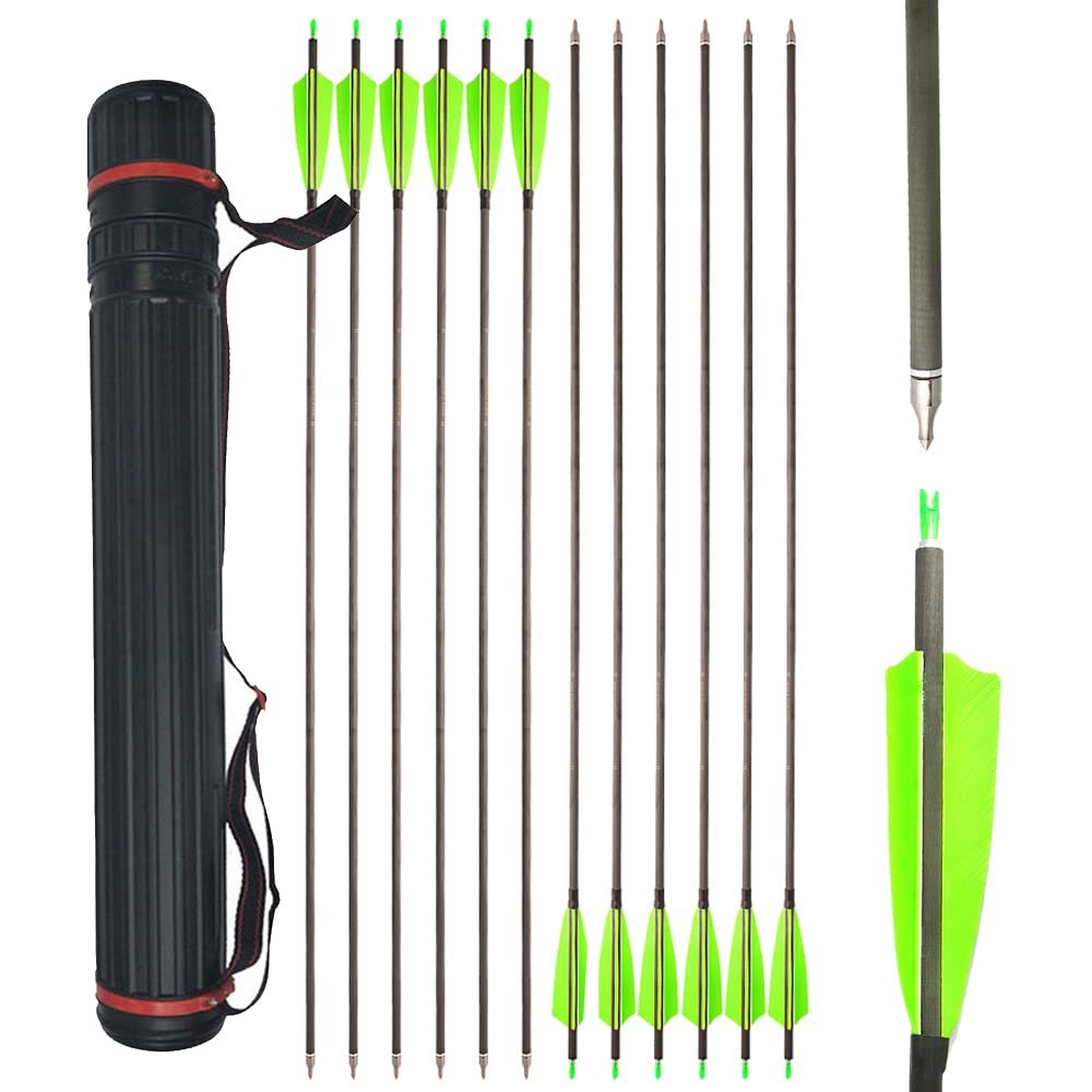AMEYXGS 34 Inch Carbon Arrows 400 Spine Hunting Arrows with Removable Tips and 4 Turkey Feather Target Practice Arrow for Compound & Recurve & Long Bow 6/12 Pcs (Green Set, 12 pcs)