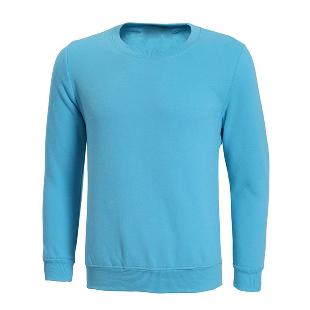Men's Solid Color Round Neck Sweater Simple And Versatile Long-Sleeved Pullover T-Shirt Thickened Plus Velvet Top (Lake Blue,X-Large)