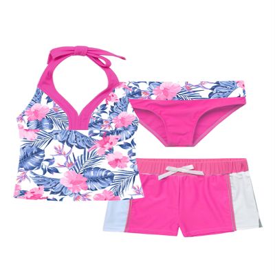 Loloda 3Pcs Girls' Tankini Swimsuits Halter Backless Tops with Shorts Bottoms Beach Sport Bathing Suit Pink 4 Years