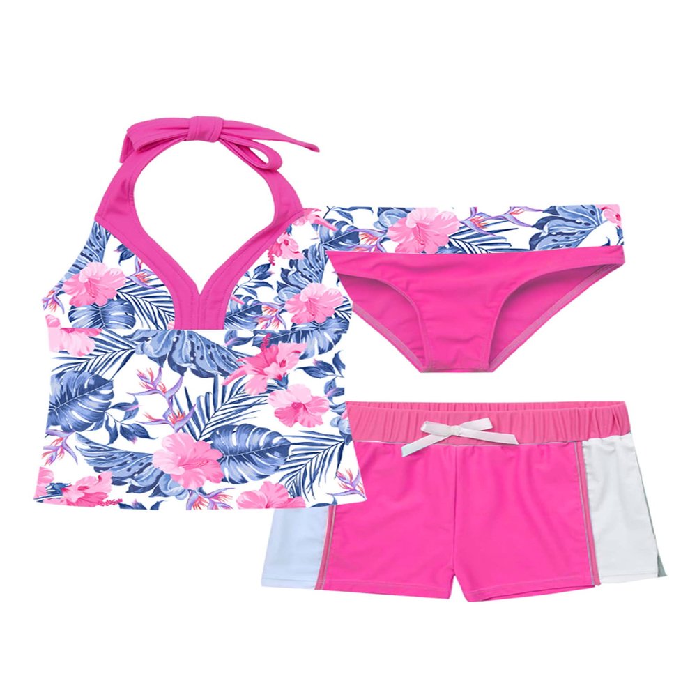 Loloda 3Pcs Girls' Tankini Swimsuits Halter Backless Tops with Shorts Bottoms Beach Sport Bathing Suit Pink 4 Years