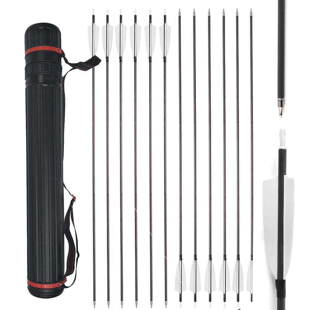 AMEYXGS 34 Inch Carbon Arrows 400 Spine Hunting Arrows with Removable Tips and 4 Turkey Feather Target Practice Arrow for Compound & Recurve & Long Bow 6/12 Pcs (White Set, 12 pcs)